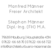  Manfred Männer Freier Architekt Stephan Männer Dipl.-Ing. (FH) M.A. 79689 Maulburg | Hauptstraße 43N 07622 - 66 68 70 | 07622 - 66 68 722 info@architekturbuero-maenner.de